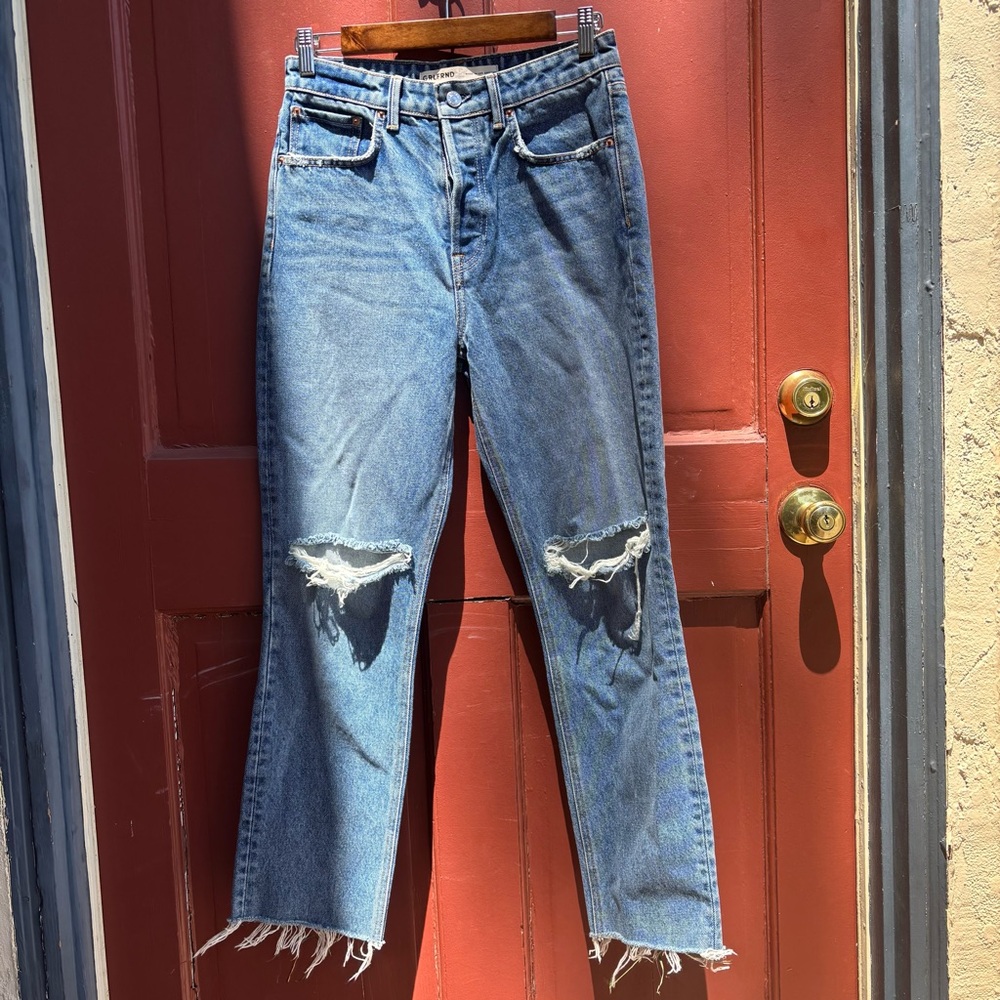 GRLFRND High Rise Blue Jeans with Vintage Distressing - Picture 2 of 7